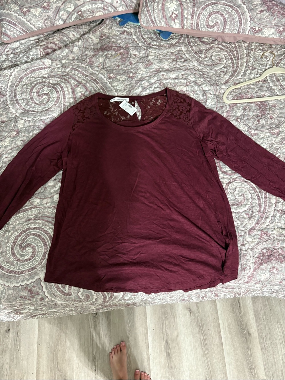 Maurices Long Sleeve Lace-Shoulder Top in Burgundy